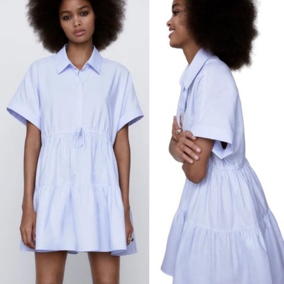 Zara Dresses & Skirts - Zara Light Blue  Tiered Short Sleeve Mini Shirt Dress